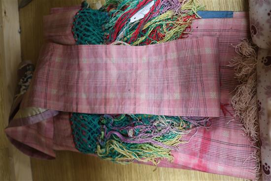 A Chinese embroidered silk bed cover and a similar table frontal shawls